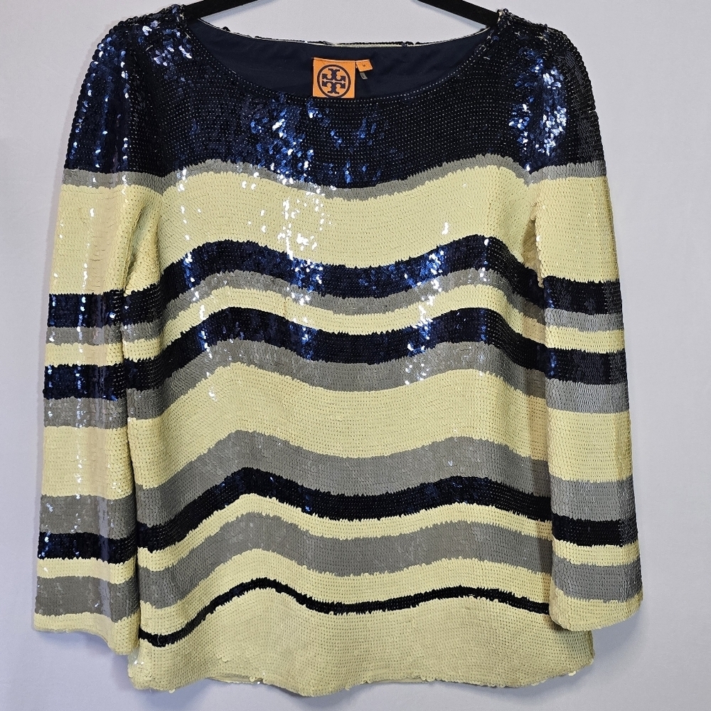 Tory Burch Navy Cream Sequin 3/4 Sleeve Blouse Formal Special Event Top, Sz M - Picture 1 of 11